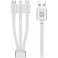 Swissten Textile 3-in-1 kabel, 1,2 meter, zilver. Geschikt voor USB-A, USB-C/micro-USB B en Lightning aansluitingen
