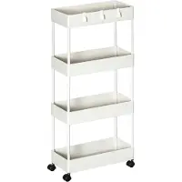 Aosom HOMdotCOM keukenwagen met 4 schappen, 3 flexibele haken, 4 wielen, 40 cm x 19 cm x 90 cm, wit