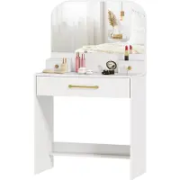 HOMCOM Schminktafel met bogenvormige spiegel, moderne kaptafel met 3 lades, wit