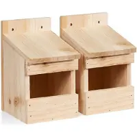 Relaxdays Halfopen nestkast, set van 2, voor merel en spreeuw, grote opening, afmetingen (b x h x d): 20 x 12 x 15,5 cm, nestkast, hout, naturel