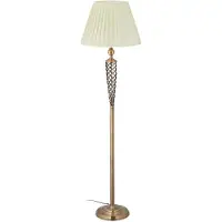Relaxdays staande lamp, antiek design, stoffen kap, decoratieve metalen voet, E27, vloerlamp voor de woonkamer, hoogte x diameter: 157x42 cm, messing/wit