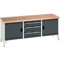 Bott cubio box-type werkbank, met 3 laden, staal, beuken multiplex blad, B 2000 x D 750 x H 840 mm, lichtgrijs/antraciet
