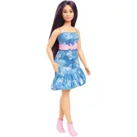 Barbie Fashionistas Doll #231 with Purple Hair Wearing Strapless Denim Butterfly-Print Dress with Pink Belt and Boots
