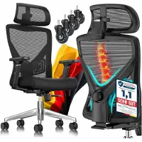 Kesser Bureaustoel | Ergonomische Bureaustoelen voor Volwassenen | verstelbare rugleuning | in hoogte verstelbaar | Hoofdsteun & Lendensteun | office Chair met 5x rubberen wielen - Zwart / Zilver