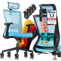 Kesser Bureaustoel | Ergonomische Bureaustoelen voor Volwassenen | verstelbare rugleuning | in hoogte verstelbaar | Hoofdsteun & Lendensteun | office Chair met 5x rubberen wielen - Blauw