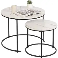 Relaxdays Set van bijzettafels, 2 stuks, 2 verschillende maten, marmerlook, metaal, ronde bijzettafels, geschikt voor de woonkamer, als salontafel, wit/zwart