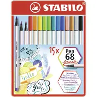 Stabilo Pen 68 Brush - Premium Brush Viltstift - Met Flexibele Penseelpunt - Metalen Etui Met 15 Verschillende Kleuren