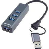 PremiumCord SuperSpeed USB 2-in-1 hub met 4 USB-A poorten, dataoverdracht 3.2 Gen1