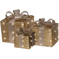 Kaemingk Warm wit 65 Micro-LED Set van 3 cadeaudozen papier met strik goud Lumineo