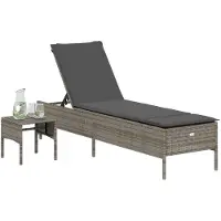 vidaXL Zonnebed met tafel en kussen, grijs, polyrotan