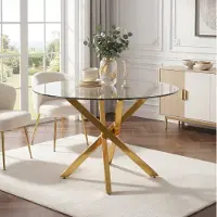 MODFU Eettafel van rundvleeshout, 80 cm breed, met een veiligheidsglasplaat, gouden poten en een moderne kruisvoet. Elegante keukentafel voor eetkamer en woonkamer. Goud/glas
