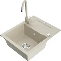 Mexen Enzo granieten spoelbak 1-komers met afdruiprek en keukenkraan Telma, beige - 6506-69-670200-69