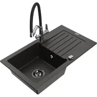 Mexen Pablo granieten gootsteen met 1 bak, afdruiprek en Duo keukenkraan, zwart/goud metallic - 6510-75-671701-07-B