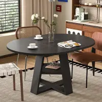 MODFU Uitschuifbare eettafel, diameter 110–150 cm, hoogte 110 cm, eettafel voor 4–6 personen, keukentafel met opbergruimte en plank, zwart