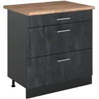 Vicco Keukenonderkast R-Line Zwart beton/Antraciet 80 cm met 3 laden goudkleurig eiken werkblad, Model 72405