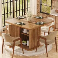 STILVORA Eettafel 80 × 80 cm met geïntegreerde opbergruimte en reliëfstroken, keukentafel met verticale reliëfstructuur, tafel met een donkerbruine houtlook