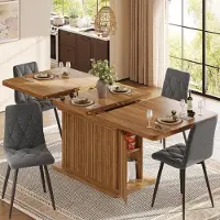 STILVORA Eettafel 120–160 cm met verborgen opbergruimte, uitschuifbare tafel met inklapbaar tafelblad, eettafel met reliëfstroken