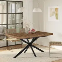 MODFU Uittrekbare eettafel, 140–180 cm, geschikt voor 4–6 personen, keukentafel met verborgen lade, eettafel met zwart metalen X-frame, MDF, zwart