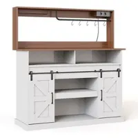 OKWISH Keukendressoir – Koffiebar Landhuisstijl – 120x40x130 cm – Schuifdeuren – 2x AC En 2x USB – Opbergruimte – MDF Wit+Natural
