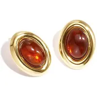 Yehwang Oorbellen ovale vorm - bruine steen - goud - stainless steel - grote oorstekers