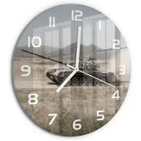 Tulup Wandklok - Tank in de woestijn Decoratieve Glazen Klok - fi30 cm - Beige Glazen Wandklok Design - Witte handen - Ronde Klok - Glazen Klok Met Print - Wandklok Glas Met Motief