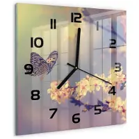 Tulup Wandklok - Kersenbloesem en vlinder Klok Glas Met Opdruk - 30x30 cm - Veelkleurig Moderne Wandklok Glas - Zwarte handen - Vierkante Klok - Decoratieve Glazen Klok - Glazen Wandklok Design
