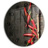 Tulup Wandklok - Chilipepers Wandklok Glas Decoratie - fi60 cm - Rood Gekleurde Glazen Klok - Zwarte handen - Ronde Klok - Klok Glas Met Opdruk - Moderne Wandklok Glas