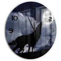 Tulup Wandklok - Huilende Wolf Volle Maan Wandklok Glas Decoratie - fi60 cm - Zwart Gekleurde Glazen Klok - Zwarte handen - Ronde Klok - Klok Glas Met Opdruk - Moderne Wandklok Glas