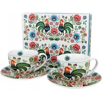 Duo Porseleinen Koffiekopjes met Schotels, set van 2, Folk Patroon