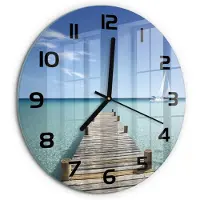 Tulup Wandklok - Houten brug Glazen Klok Met Print - fi30 cm - Blauw Wandklok Glas Met Motief - Zwarte handen - Ronde Klok - Wandklok Glas Decoratie - Gekleurde Glazen Klok
