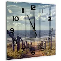 Tulup Wandklok - De weg naar het strand Decoratieve Glazen Klok - 60x60 cm - Blauw Glazen Wandklok Design - Zwarte handen - Vierkante Klok - Glazen Klok Met Print - Wandklok Glas Met Motief