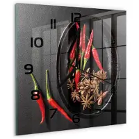 Tulup Wandklok - Chilipepers Glazen Wandklok Design - 30x30 cm - Rood Klok Glas Met Opdruk - Zwarte handen - Vierkante Klok - Wandklok Glas Met Motief - Decoratieve Glazen Klok