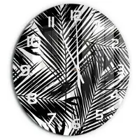 Tulup Wandklok - Palmbladeren Glazen Klok Met Print - fi60 cm - Zwart-wit Wandklok Glas Met Motief - Witte handen - Ronde Klok - Wandklok Glas Decoratie - Gekleurde Glazen Klok