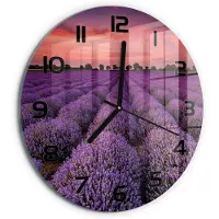 Tulup Wandklok - Lavendelveld Wandklok Glas Decoratie - fi30 cm - Paars Gekleurde Glazen Klok - Zwarte handen - Ronde Klok - Klok Glas Met Opdruk - Moderne Wandklok Glas