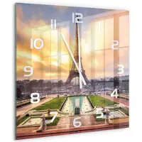 Tulup Wandklok - Eiffeltoren Parijs Decoratieve Glazen Klok - 60x60 cm - Geel Glazen Wandklok Design - Witte handen - Vierkante Klok - Glazen Klok Met Print - Wandklok Glas Met Motief