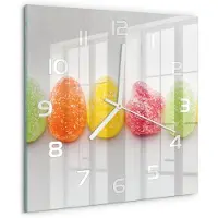 Tulup Wandklok - Kleurrijke Jelly Beans Wandklok Glas Met Motief - 30x30 cm - Veelkleurig Decoratieve Glazen Klok - Witte handen - Vierkante Klok - Gekleurde Glazen Klok - Glazen Klok Met Print