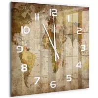 Tulup Wandklok - Politieke kaart Glazen Klok Met Print - 60x60 cm - Bruin Wandklok Glas Met Motief - Witte handen - Vierkante Klok - Wandklok Glas Decoratie - Gekleurde Glazen Klok