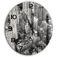 Tulup Wandklok - Vogelsvlucht in New York Wandklok Glas Decoratie - fi60 cm - Zwart-wit Gekleurde Glazen Klok - Zwarte handen - Ronde Klok - Klok Glas Met Opdruk - Moderne Wandklok Glas
