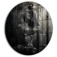 Tulup Wandklok - Gorilla Wandklok Glas Decoratie - fi60 cm - Zwart Gekleurde Glazen Klok - Zwarte handen - Ronde Klok - Klok Glas Met Opdruk - Moderne Wandklok Glas