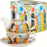 Duo De porseleinen "Tea for One" theepot met kopje - Tuinkatten 350ml
