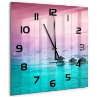 Tulup Wandklok - Bungalows aan het water Decoratieve Glazen Klok - 60x60 cm - Blauw Glazen Wandklok Design - Zwarte handen - Vierkante Klok - Glazen Klok Met Print - Wandklok Glas Met Motief