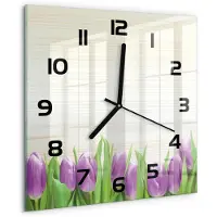 Tulup Wandklok - Paarse tulpen Glazen Wandklok Design - 30x30 cm - Paars Klok Glas Met Opdruk - Zwarte handen - Vierkante Klok - Wandklok Glas Met Motief - Decoratieve Glazen Klok