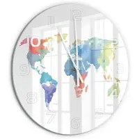 Tulup Wandklok - Wereldkaart Glazen Klok Met Print - fi60 cm - Veelkleurig Wandklok Glas Met Motief - Witte handen - Ronde Klok - Wandklok Glas Decoratie - Gekleurde Glazen Klok