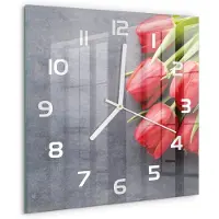 Tulup Wandklok - Rode tulpen Klok Glas Met Opdruk - 30x30 cm - Rood Moderne Wandklok Glas - Witte handen - Vierkante Klok - Decoratieve Glazen Klok - Glazen Wandklok Design
