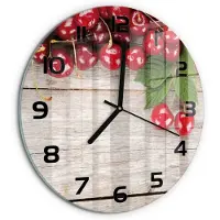 Tulup Wandklok - Kersen op hout Glazen Klok Met Print - fi30 cm - Rood Wandklok Glas Met Motief - Zwarte handen - Ronde Klok - Wandklok Glas Decoratie - Gekleurde Glazen Klok