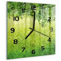 Tulup Wandklok - Groene weide Klok Glas Met Opdruk - 30x30 cm - Groente Moderne Wandklok Glas - Zwarte handen - Vierkante Klok - Decoratieve Glazen Klok - Glazen Wandklok Design