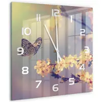 Tulup Wandklok - Kersenbloesem en vlinder Gekleurde Glazen Klok - 60x60 cm - Veelkleurig Glazen Klok Met Print - Witte handen - Vierkante Klok - Moderne Wandklok Glas - Wandklok Glas Decoratie