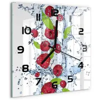 Tulup Wandklok - Frambozen en water Wandklok Glas Decoratie - 30x30 cm - Rood Gekleurde Glazen Klok - Zwarte handen - Vierkante Klok - Klok Glas Met Opdruk - Moderne Wandklok Glas