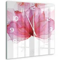Tulup Wandklok - Roze bloem Glazen Klok Met Print - 60x60 cm - Roze Wandklok Glas Met Motief - Witte handen - Vierkante Klok - Wandklok Glas Decoratie - Gekleurde Glazen Klok