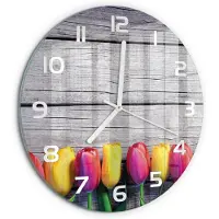 Tulup Wandklok - Tulpen op hout Gekleurde Glazen Klok - fi30 cm - Veelkleurig Glazen Klok Met Print - Witte handen - Ronde Klok - Moderne Wandklok Glas - Wandklok Glas Decoratie